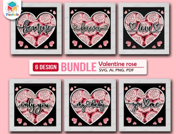 Valentine Rose Heart Shadow Box Bundle: 3D SVG Designs for Romantic Branding